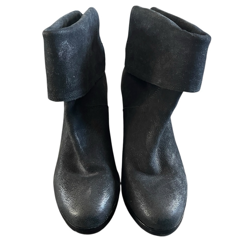 Eileen Fisher Black Soft Leather Fold‎ Over Wedge Heel Winter Bootie Women's 7